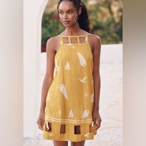Anthropologie Yellow Mini Dress with White Nautical Print